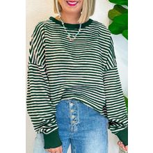 Green Stripe Loose Drop Shoulder Long Sleeve Top