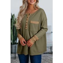 Vineyard Green Color Block Waffle Textured Tunic Henley Top with Slits