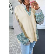 Beige Floral Striped Drop Sleeve Collared Boxy Fit Sweatshirt