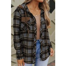 Contrast Hooded Drawstring Plaid Shacket