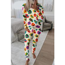 Apricot Leopard Print Long Sleeve Top and Skinny Pants Lounge Set