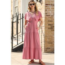 Rose Pink Textured V Neck Flutter Sleeve Ruffled Maxi Dress