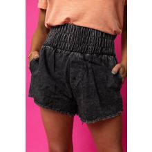 Black Smocked High Waist Mineral Washed Jean Shorts