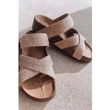 Beige Linen Woven Cross Criss Hollowed Slip-On Slippers