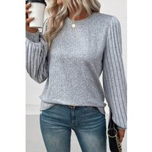 Gray Contrast Ribbed Bishop Sleeve Top