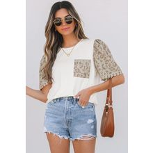 White Leopard Patchwork Crochet Lace Trim Puff Sleeve T Shirt