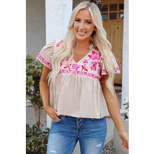 Beige Floral Embroidered Short Sleeve Notched V Neck Blouse