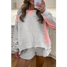 Light Grey Color Block Raw Hem Pullover and Casual Shorts Set