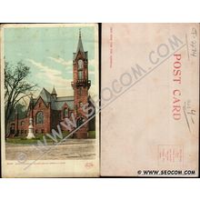 CT Norwalk Postcard Congregational Church Street Scene w/Trolley Track Det~2274