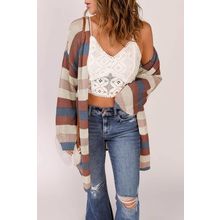 Blue Striped Color Block Hollowed Knit Cardigan