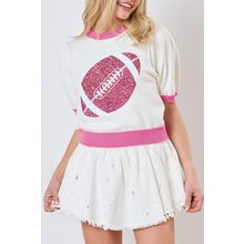 Pink Sequin Rugby Color Block Puff Short Sleeve Sweater