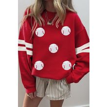 Fiery Red Glitter Baseball Patched Drop Shoulder Varsity Sweatshirt