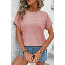 Apricot Pink Checkered Textured Round Neck T-shirt