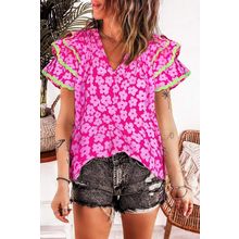 Pink Floral Contrast Ric Rac Layered Ruffle Sleeve Blouse