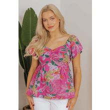 Purple Floral Print Sweetheart Neck Flutter Sleeve Blouse