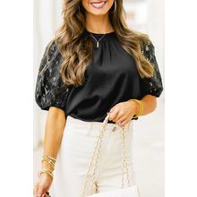 Black Feather Bubble Sleeve Patchwork Textured Blouse