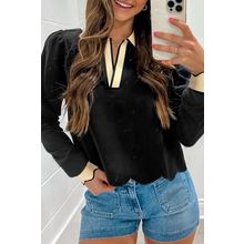 Black Scallop Trim Color Block Long Sleeve Collared Top