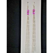 Different 125mm long chain & delicate spicy pink round glass swing earrings