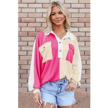 Rose Red Colorblock Ribbed Collared Oversized Sweatshirt