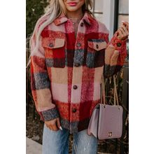 Orange Plaid Print Flap Pockets Buttoned Casual Plus Size Jacket