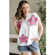 White Floral Applique Notched V Neck Dolman Sleeve Top