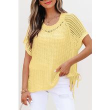 Yellow Cream Hollow-out Crochet Side Tied Short Sleeve Sweater