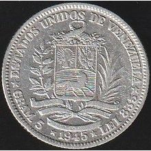 1945 Venezuela 1 Bolivar (Gram 5) Silver Coin