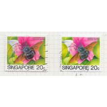SINGAPORE 1985 INSECTS CARPENTER BEE 20c BOTH PRINTINGS USED