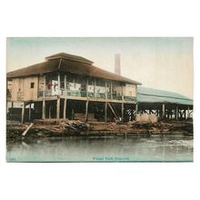 Postcard Singapore timber yard building on stilts by water wood piles unposted
