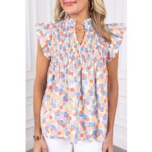Pink Shirred Yoke Ruffled Abstract Printed Blouse