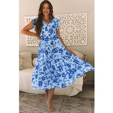 Sky Blue Floral Print Tiered Frilled Trim Flutter Sleeve Maxi Dress