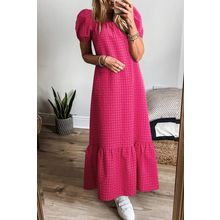 Rose Ginham Check Bubble Sleeve Ruffled Maxi Dress
