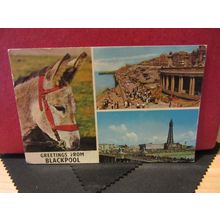 BLACKPOOL, LANCASHIRE. MULTIVIEW. used vintage postcard 1977 pm donkey =