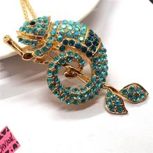New Fashion Women Blue Rhinestone Bling Branch Gecko Crystal Pendant Necklace