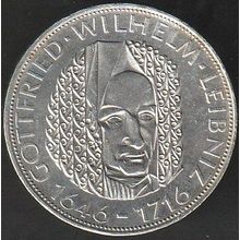 1966 D Germany 5 Mark Silver Coin 250th Ann Death Gottfried Wilhelm Leibniz