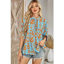 Sky Blue Abstract Print Dolman Short Sleeve Western Loose Shirt