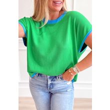 Green Contrast Trim Round Neck Short Sleeve Loose Knit Sweater