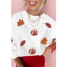 White Fall Leaf Bow Pumpkin Sequin Patched Baggy Sweatshirt