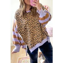 Purple Stripe Color Block Patchwork Leopard Casual Sweatshirt with Slits
