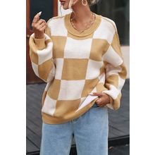 Khaki Checkered Bishop Sleeve Sweater