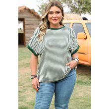 Green Stripe Trimmed Round Neck Plus Size Boxy Fit T-shirt