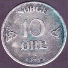 1915 Norway 10 Ore Silver Coin