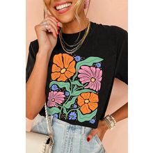 Black Colorful Flower Graphic Crewneck Summer Tee