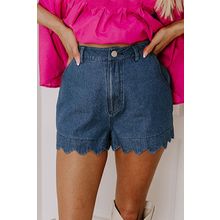 Sail Blue Scalloped Hemline Acid Wash High Waist Denim Shorts