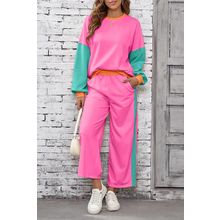 Rose Red 2pcs Color Block Pullover Loose Pant Set