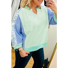 Green Color Block Floral Patchwork Long Sleeve Notched Neck Plus Size Top