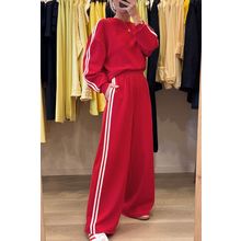 Fiery Red Varsity Striped Detail Crewneck Pullover Elastic Sweatpants 2pcs Outfi