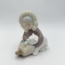LLADRO Spain Porcelain Eskimo Inuit Boy playing With Polar Bear Cub Figurine
