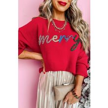 Fiery Red Tinsel Merry Letter Drop Shoulder Baggy Sweater
