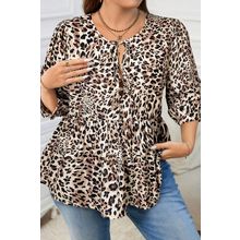 Khaki Leopard Print Lace-up Ruffled 3/4 Sleeve Plus Size Blouse